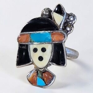 Native American Sign Maud Multi-Stone Zuni Inlay Face Ring Sz 7 Spiny Oyster Vtg